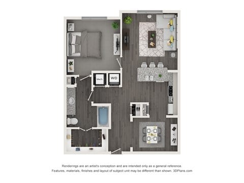 Floor plan for 1 bed, 1 bath, 877 sqft